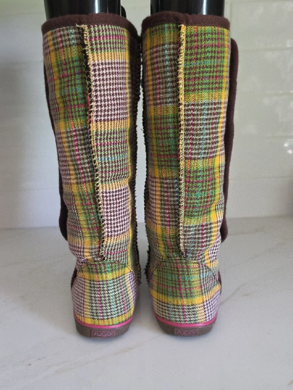 Sugar Brand Plaid Houndstooth Mid-Calf Winter Boots - Wood Buttons - Size 7